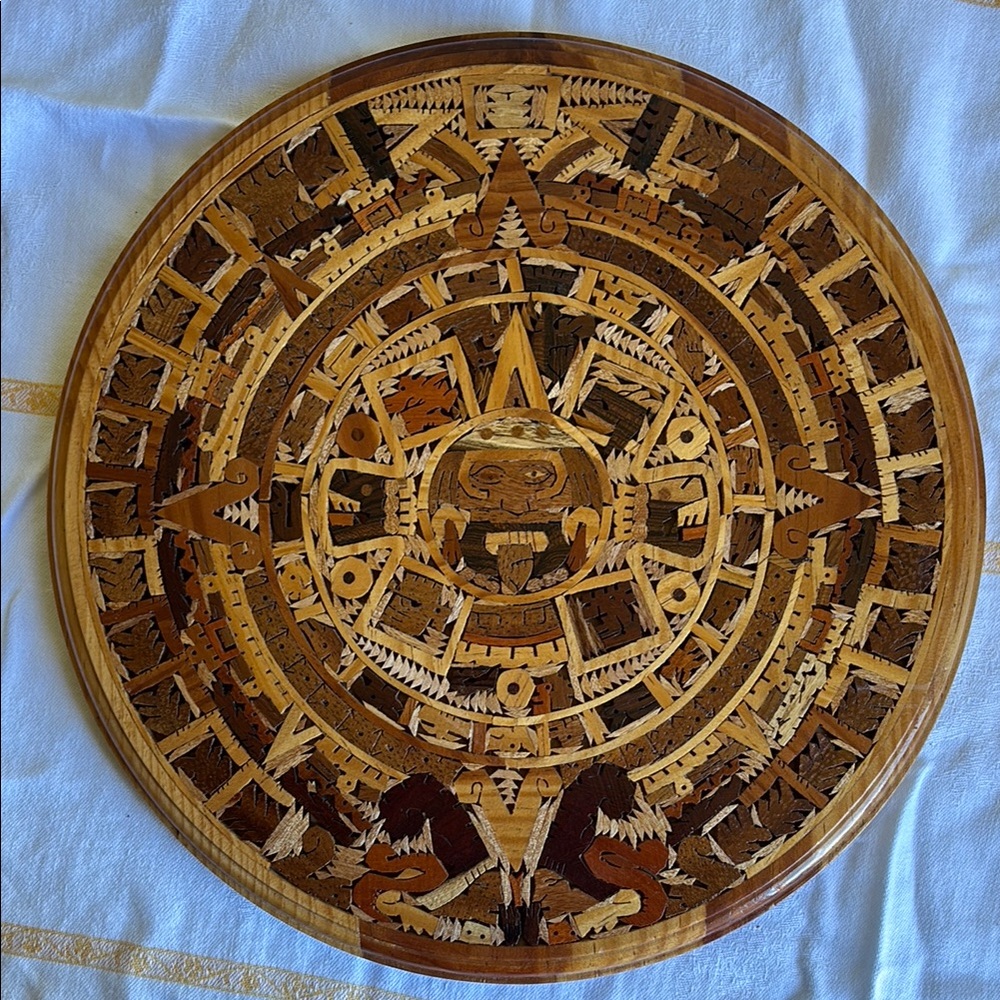 Intricate Wooden Aztec Calendar Wall Art